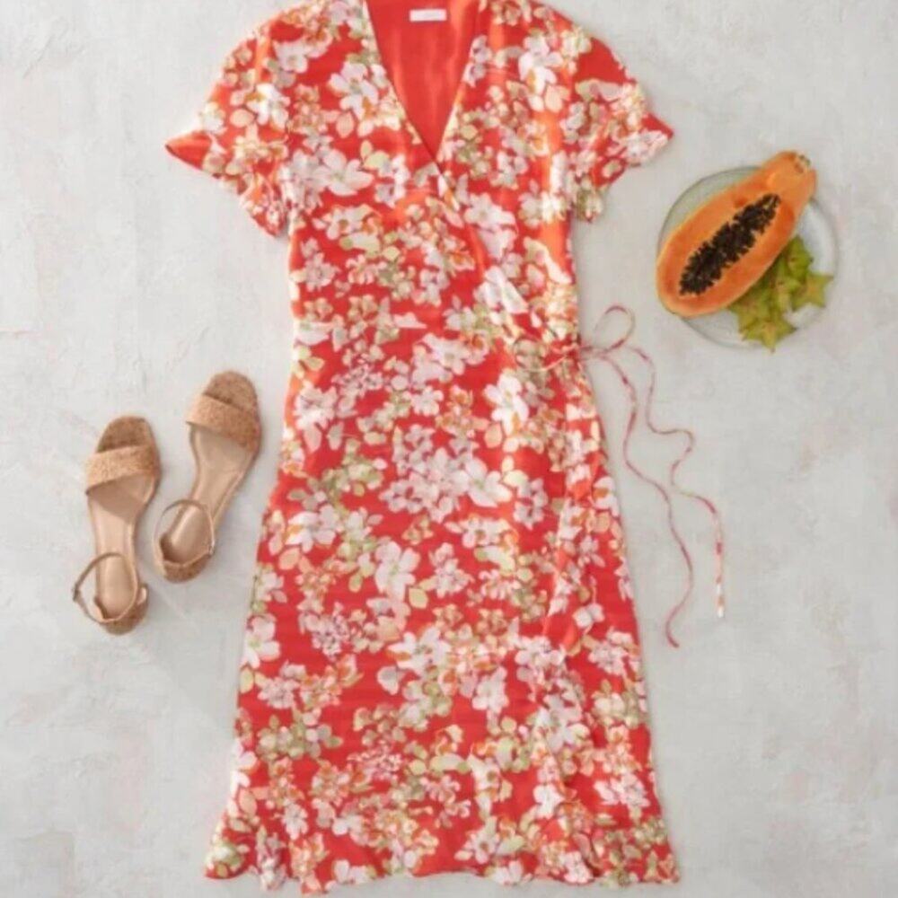 J. Jill Red Floral Flutter Sleeve Wrap Dress